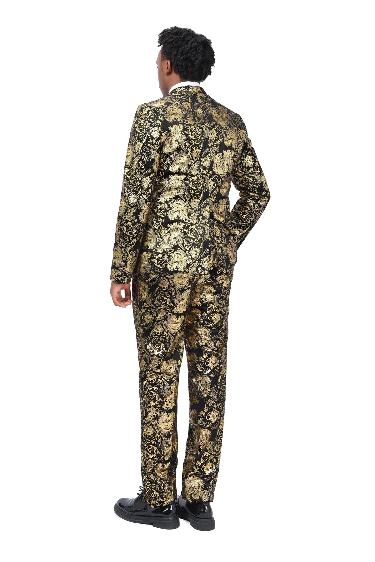 2-Piece Slim Fit Stylish Dress Floral Suit Gold