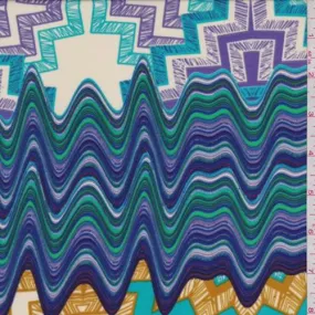 3 YD PC-Ecru/Turquoise/Purple Abstract Crepe de Chine Fabric