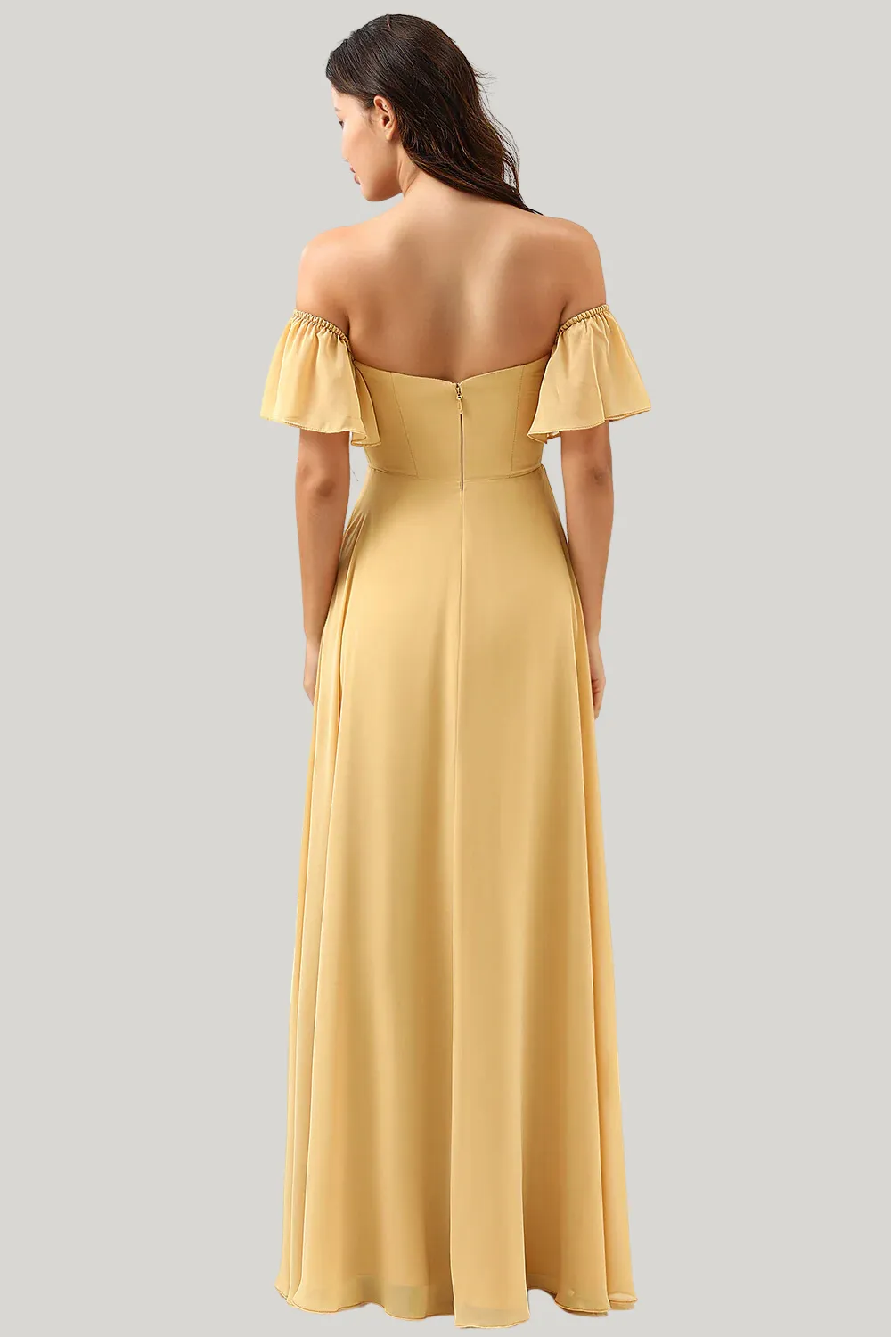 A Line Off the Shoulder Yellow Tea Length Dress with Slit