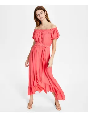 BAR III DRESSES Womens Coral Ruffled Textured Tie Waist Pullover Pouf Sleeve Off Shoulder Maxi Hi-Lo Dress