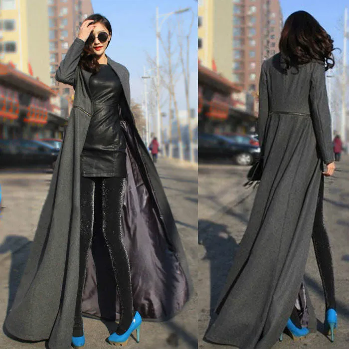 Beautiful High Neck Slim Super Long Coat