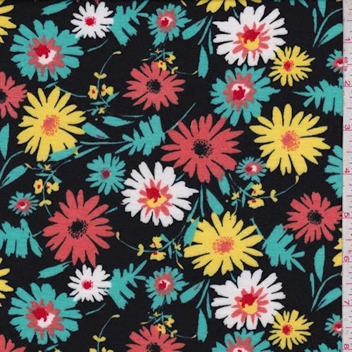 Black/Yellow/Aqua Tossed Daisy Jersey Knit Fabric