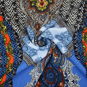 Blue-Orange-Multi Baroque Printed Poly Crepe Georgette Woven Fabric