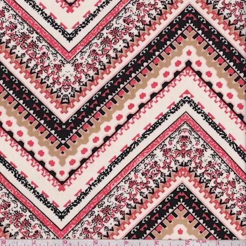 Bone/Coral/Tan Deco Chevron Rayon Challis Fabric