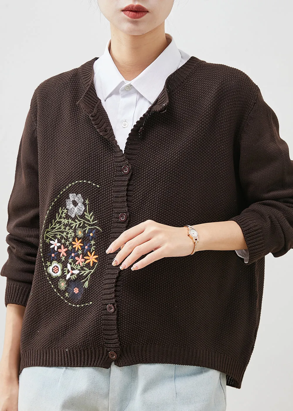 Brown Cozy Knit Cardigan Embroidered Spring YU1044