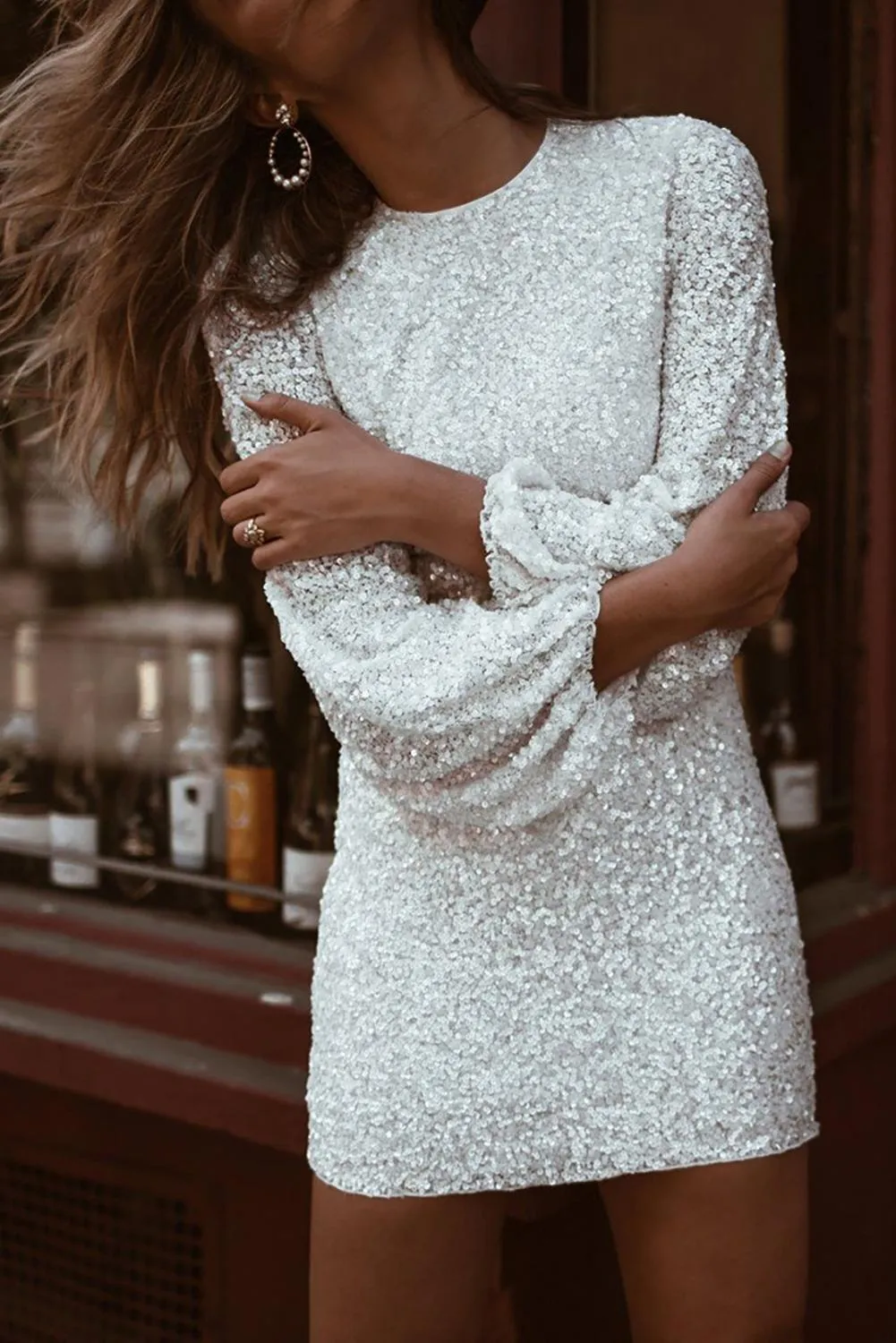 Chic White Puffy Sleeve Sequin Party Short Dress