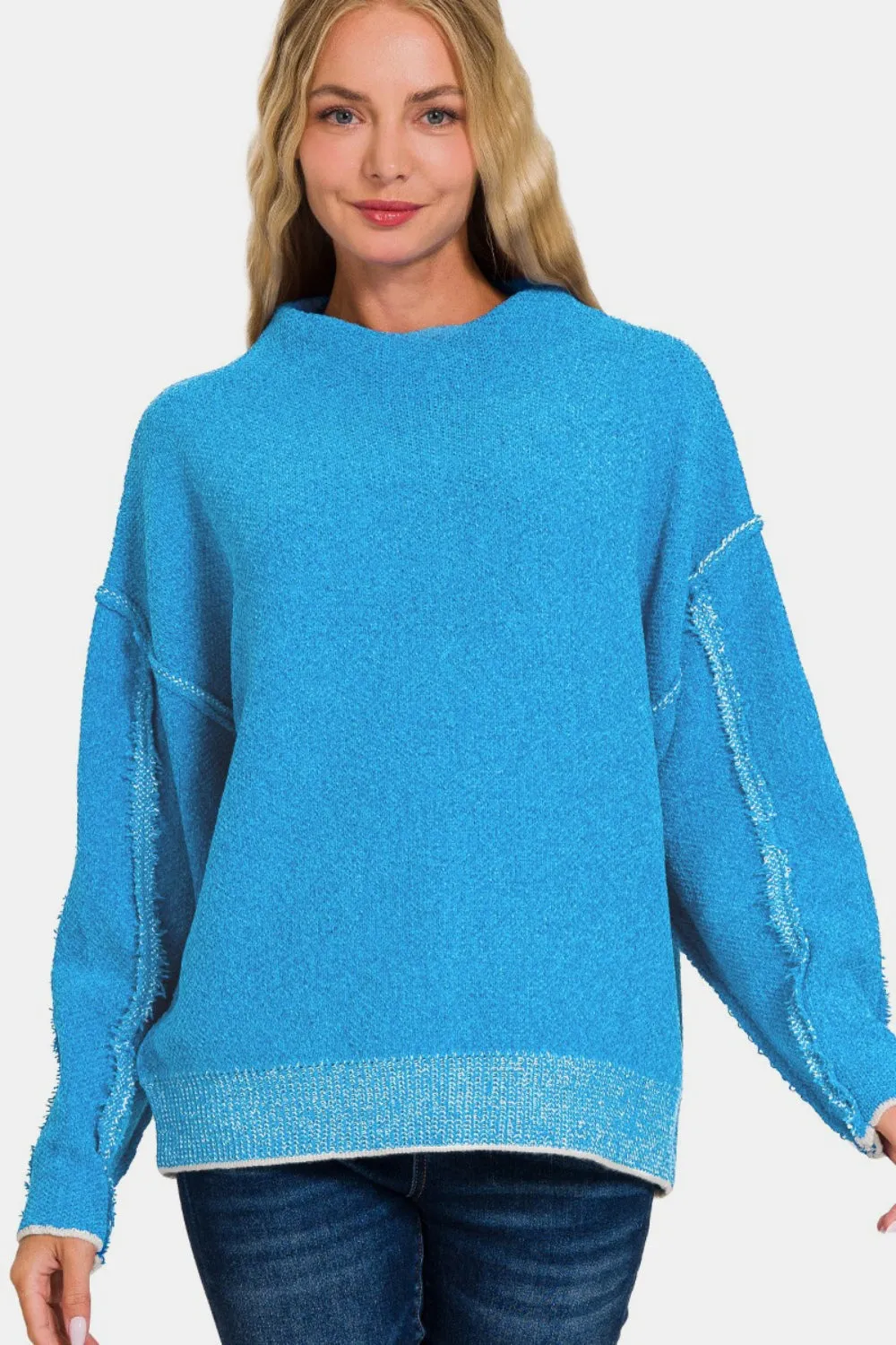 Cozy Exposed Seam Mock Neck Long Sleeve Sweater