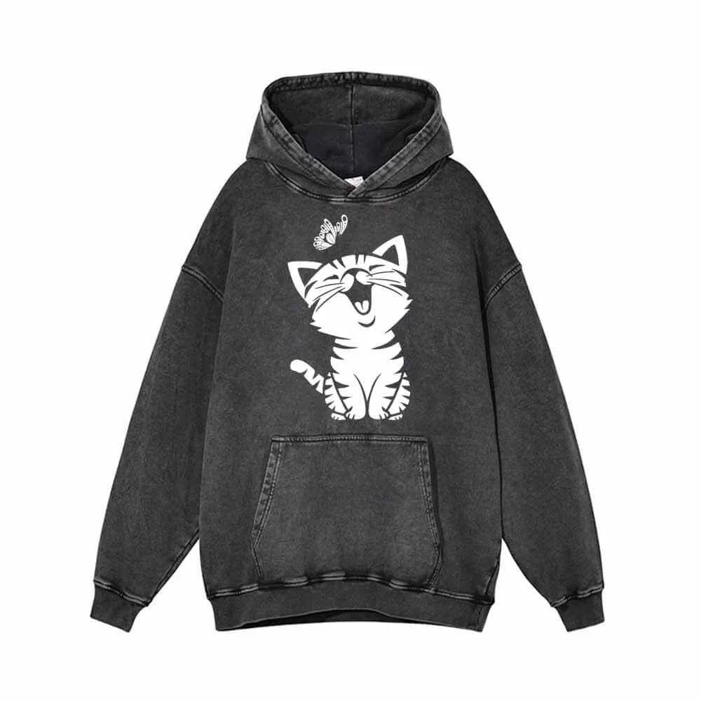 Cute Cat Kitten Playing with Butterfly Vintage Washed Hoodie