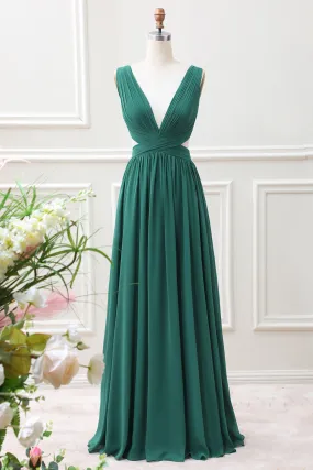 Dark Green A Line Chiffon Maxi Dress with Lace Up Back