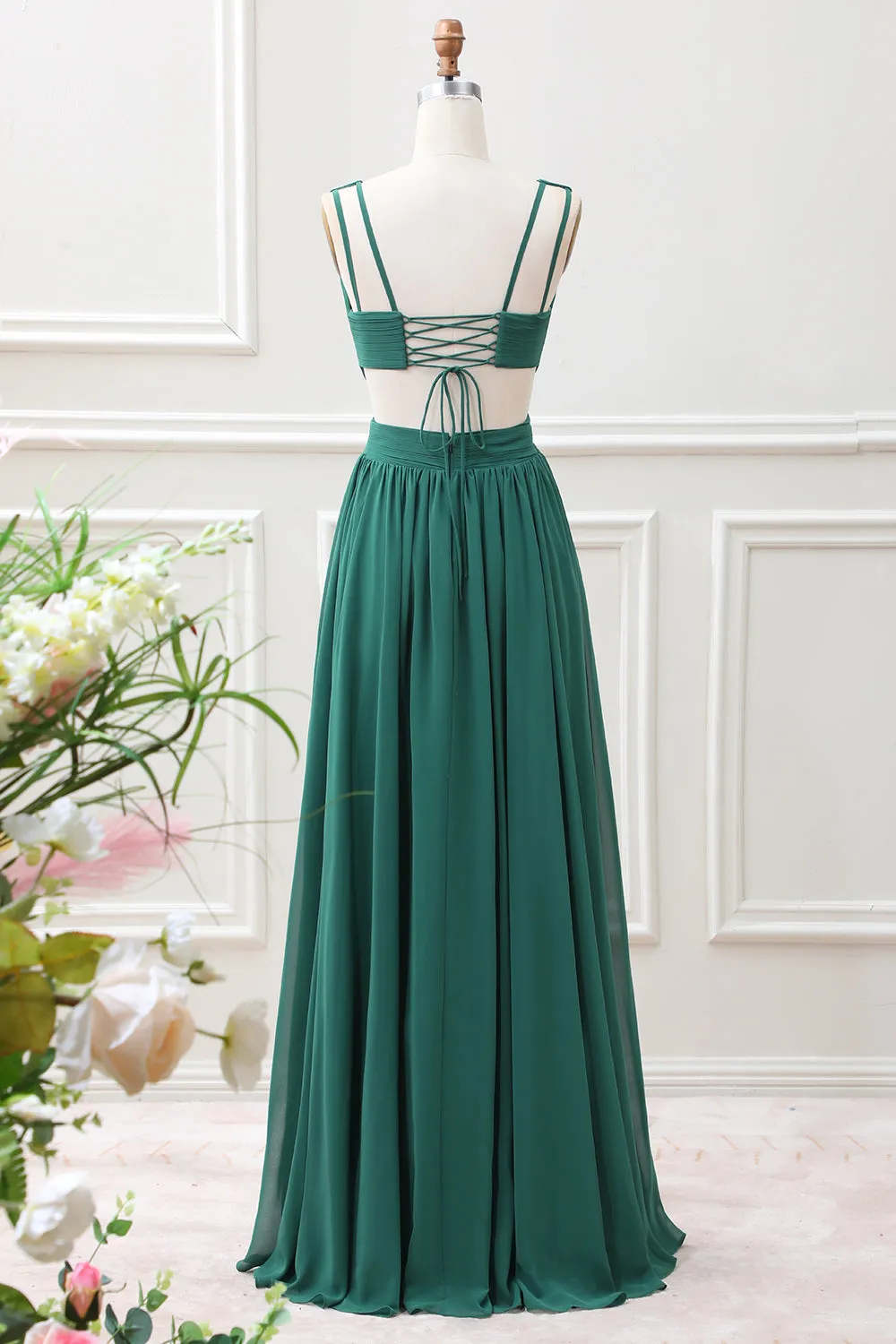 Dark Green A Line Chiffon Maxi Dress with Lace Up Back