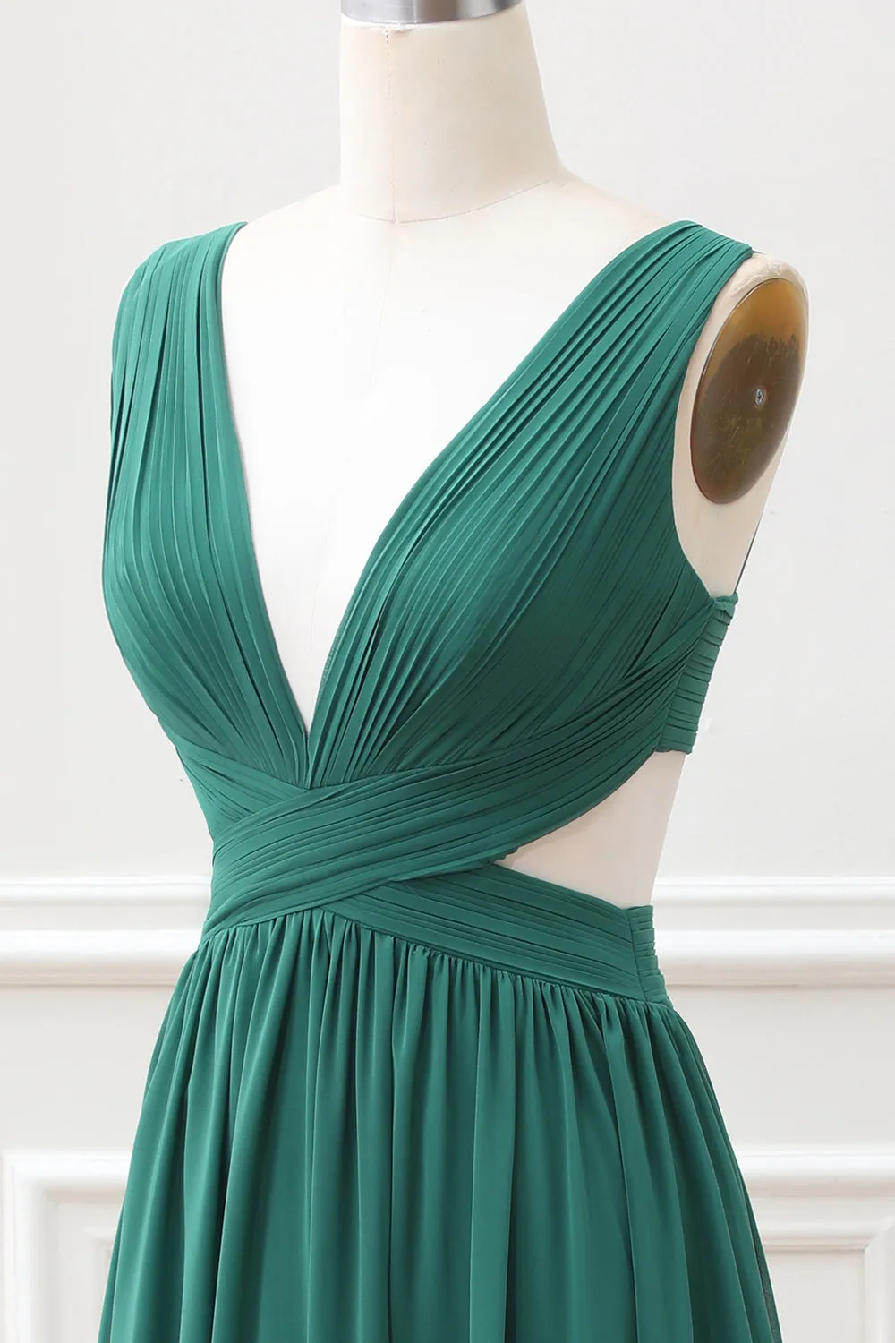 Dark Green A Line Chiffon Maxi Dress with Lace Up Back