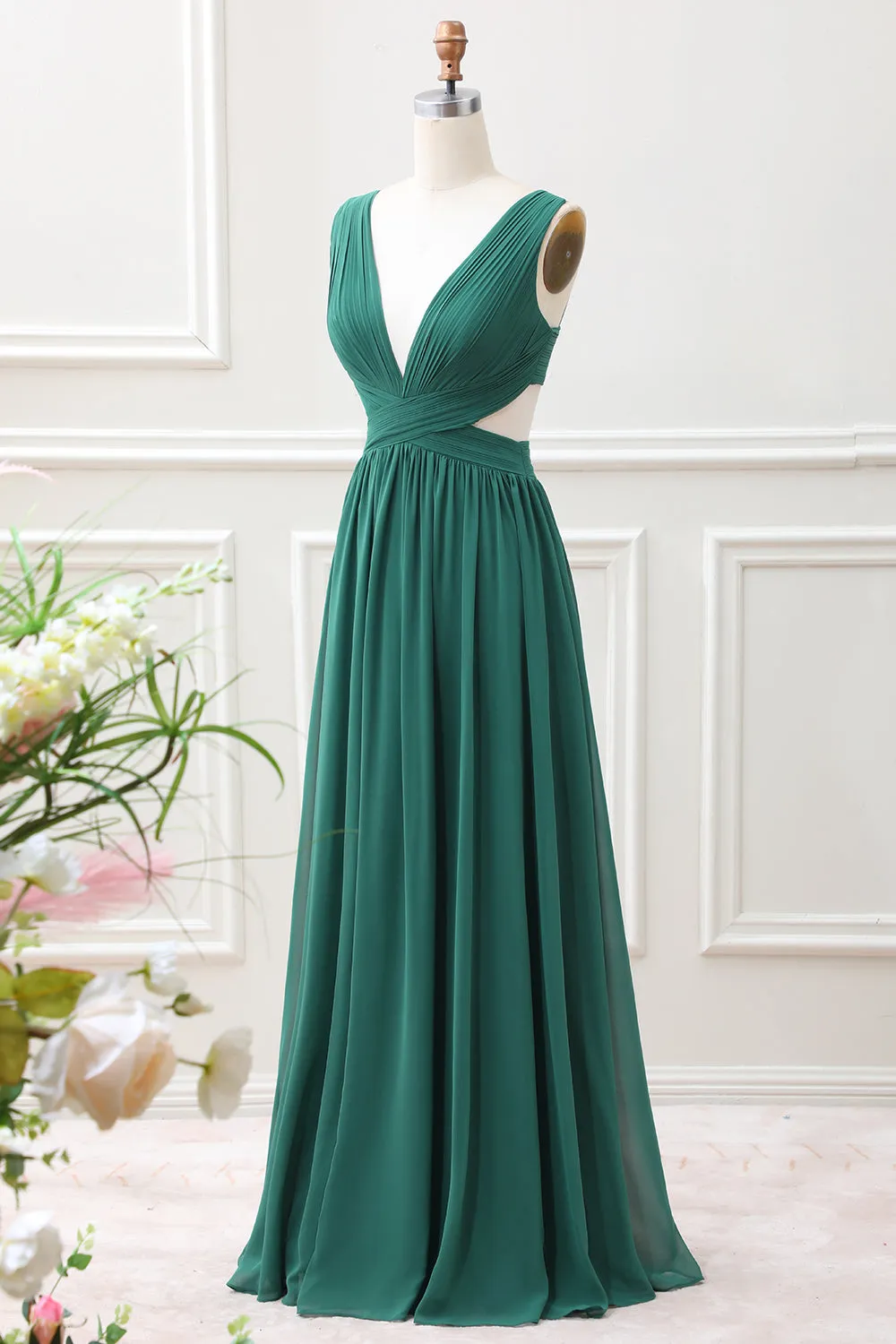 Dark Green A Line Chiffon Maxi Dress with Lace Up Back