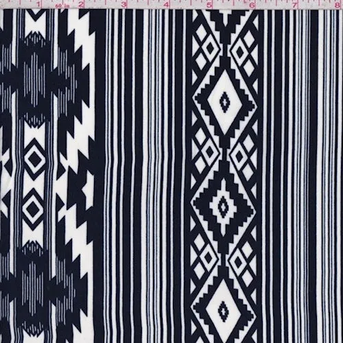 Dark Navy/White Aztec Stripe Challis Fabric