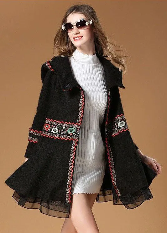 Elegant Black Hooded Embroideried Woolen Coat Winter