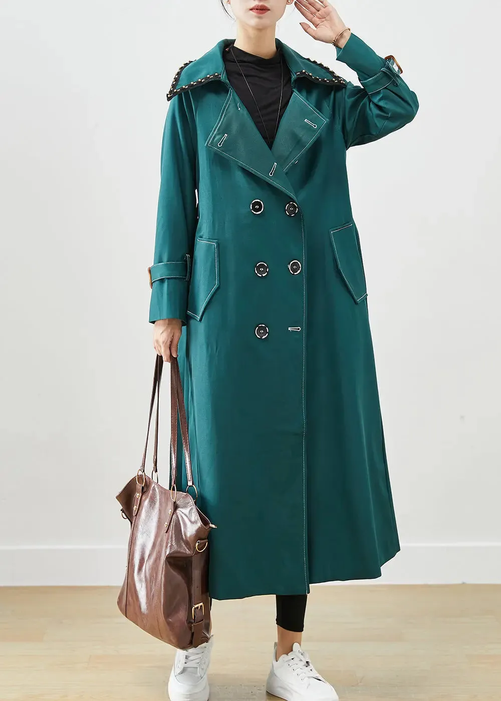 Elegant Blacksih Green Double Breast Pockets Cotton Coats Fall ML3223