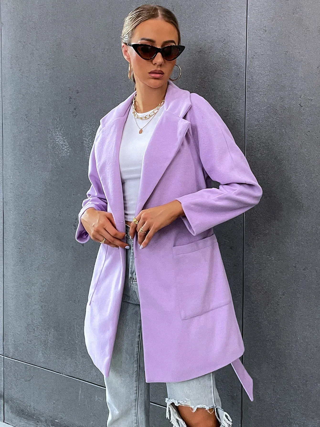 Elegant Plain Pocket Long Sleeve Lapel Short Women Coat