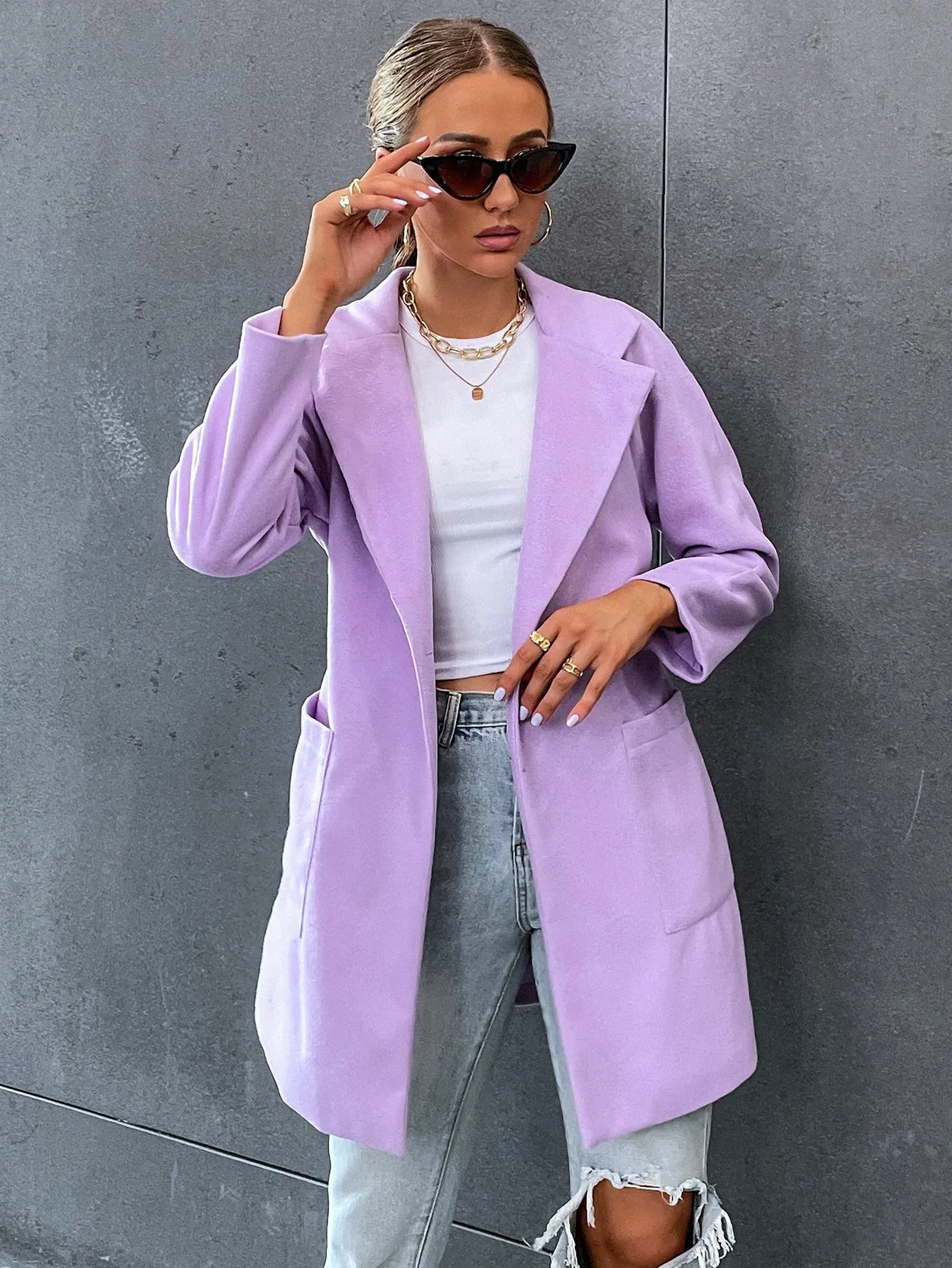 Elegant Plain Pocket Long Sleeve Lapel Short Women Coat