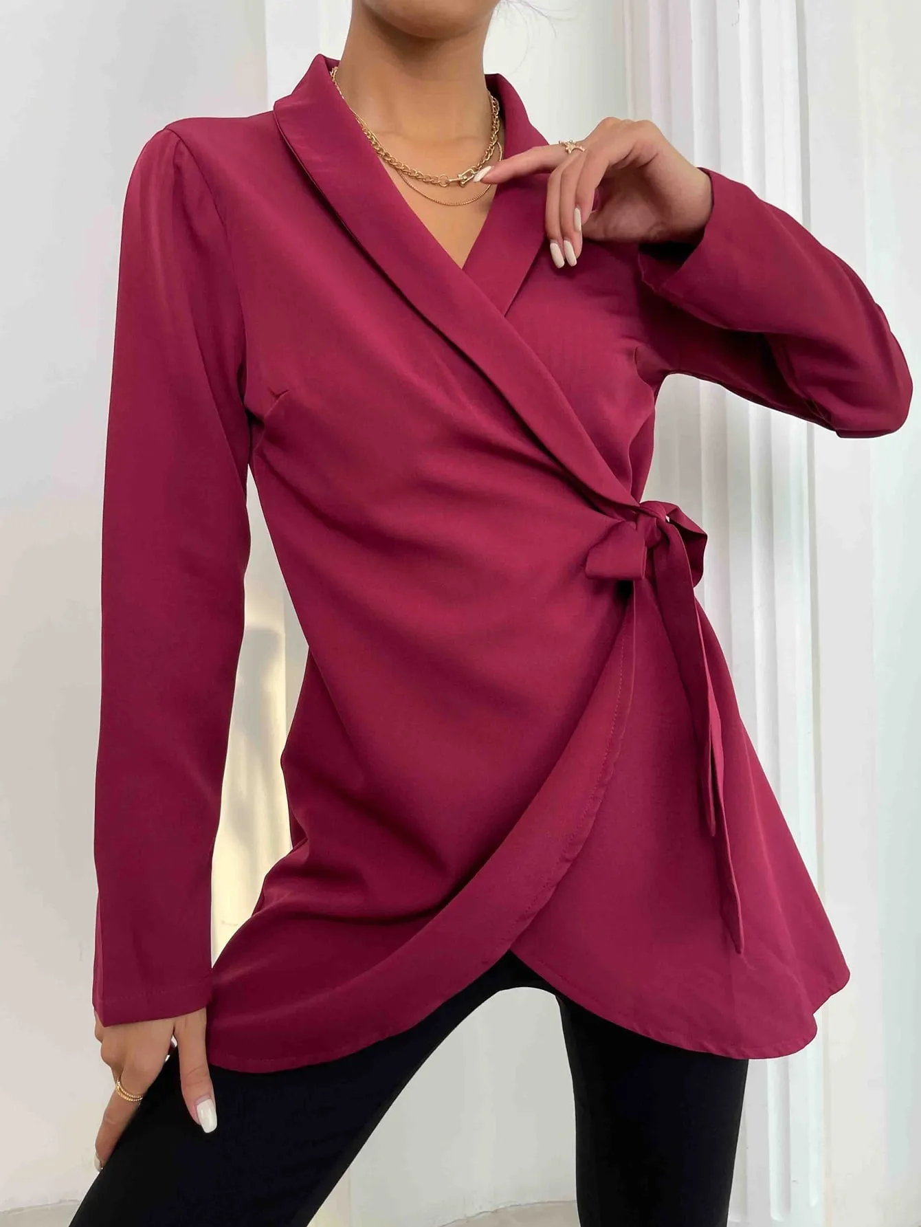 Elegant Plain Wrap Long Sleeve Shawl Collar Short Women Coat