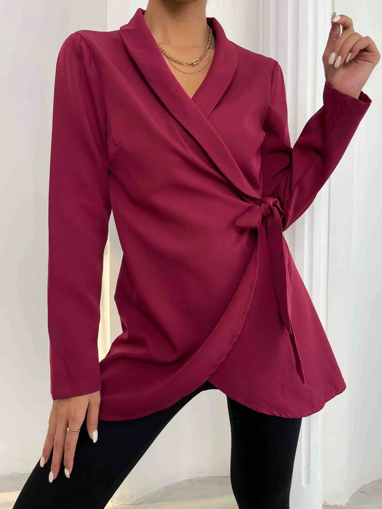 Elegant Plain Wrap Long Sleeve Shawl Collar Short Women Coat