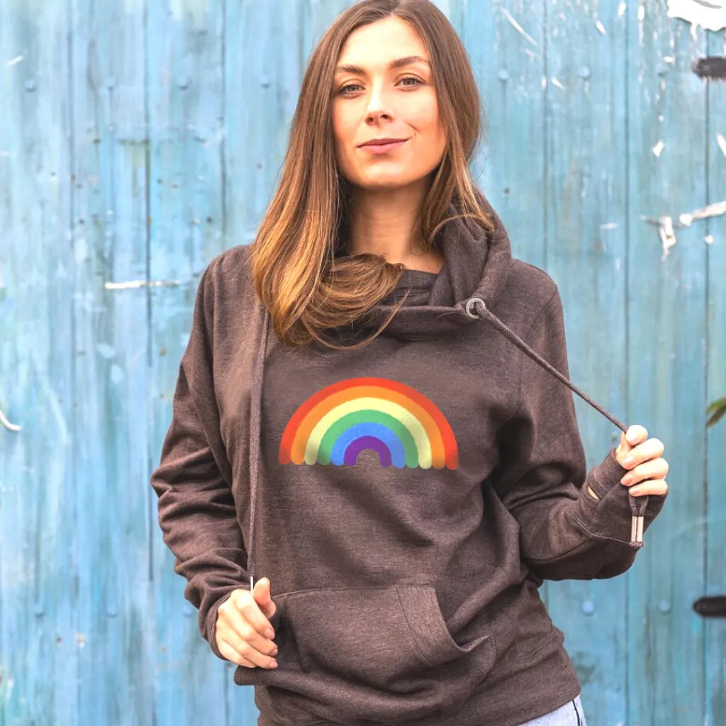 Embroidered Rainbow Cowl Neck Hoodie