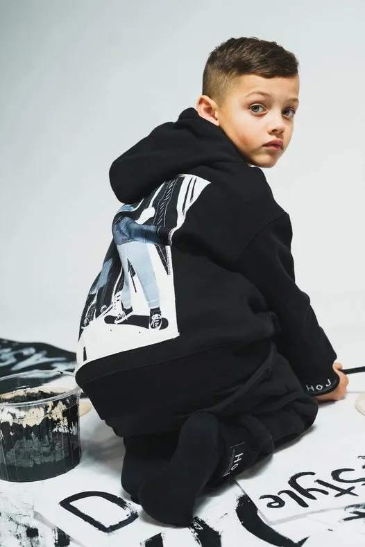 Hoj AW22 Boys Black Illustrated Canvas Hoodie