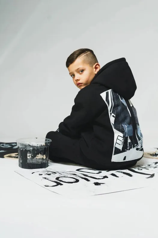 Hoj AW22 Boys Black Illustrated Canvas Hoodie