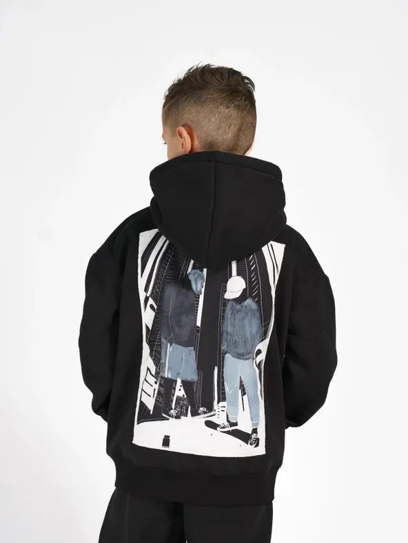 Hoj AW22 Boys Black Illustrated Canvas Hoodie