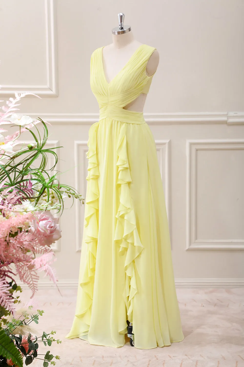 Lemon Yellow V Neck Cut Out Chiffon Maxi Dress with Ruffles