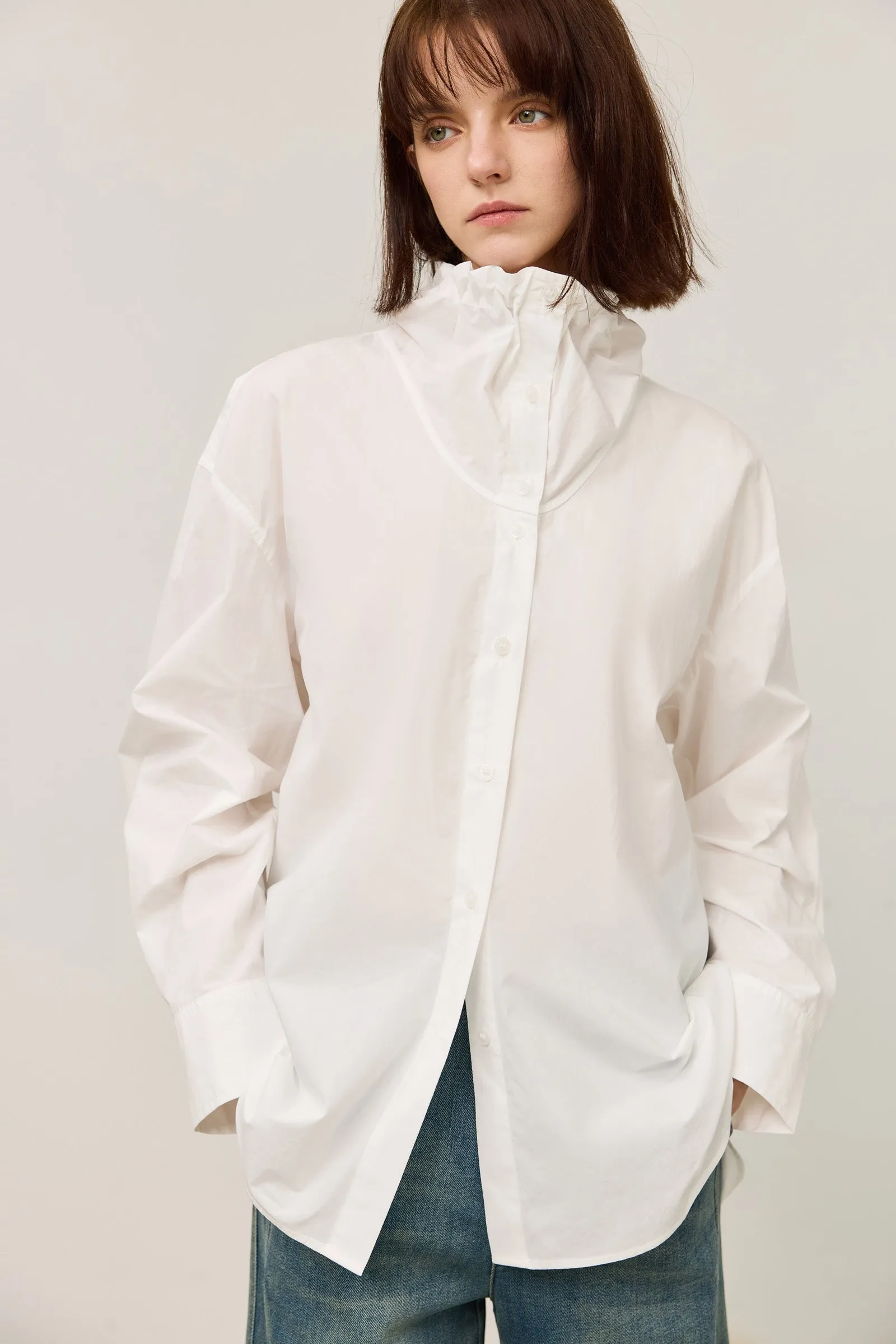 LILY Elegant Cotton Drawstring Collar White Shirt