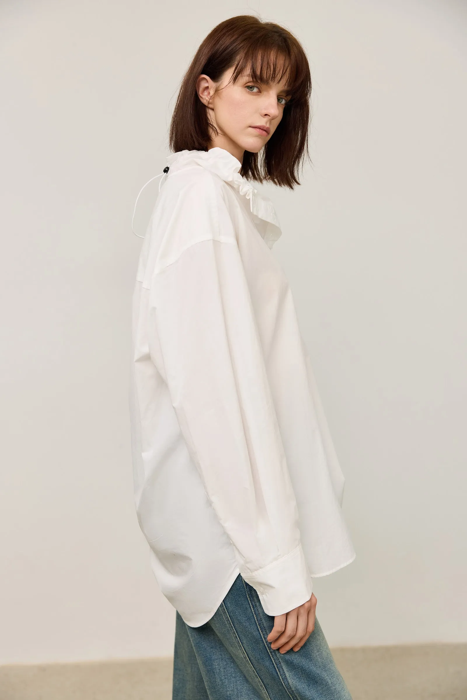 LILY Elegant Cotton Drawstring Collar White Shirt