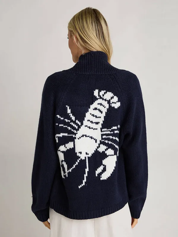 Lobster Motif Cardigan Sweater for Women - Button Front Knit Outerwear