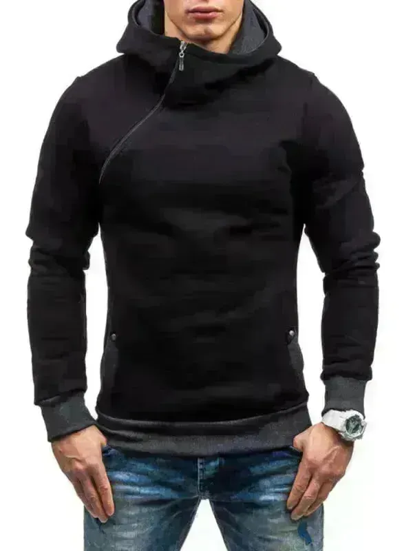 Men's Diagonal Zipper Long-Sleeved Hoodie