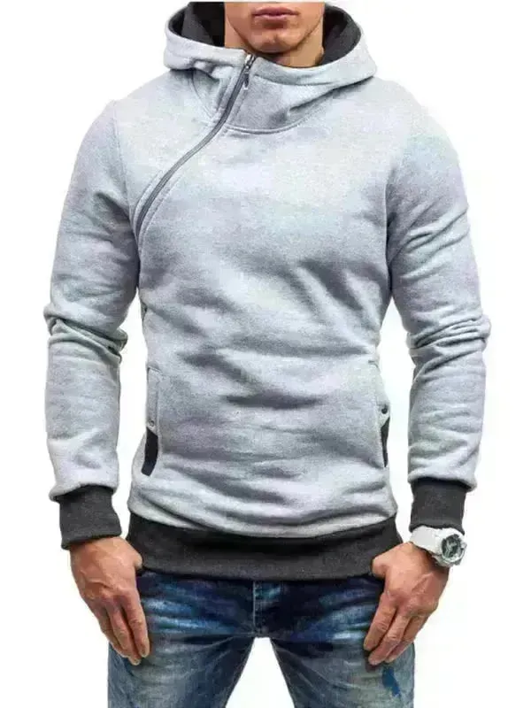 Men's Diagonal Zipper Long-Sleeved Hoodie