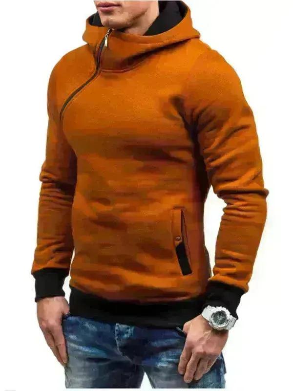 Men's Diagonal Zipper Long-Sleeved Hoodie