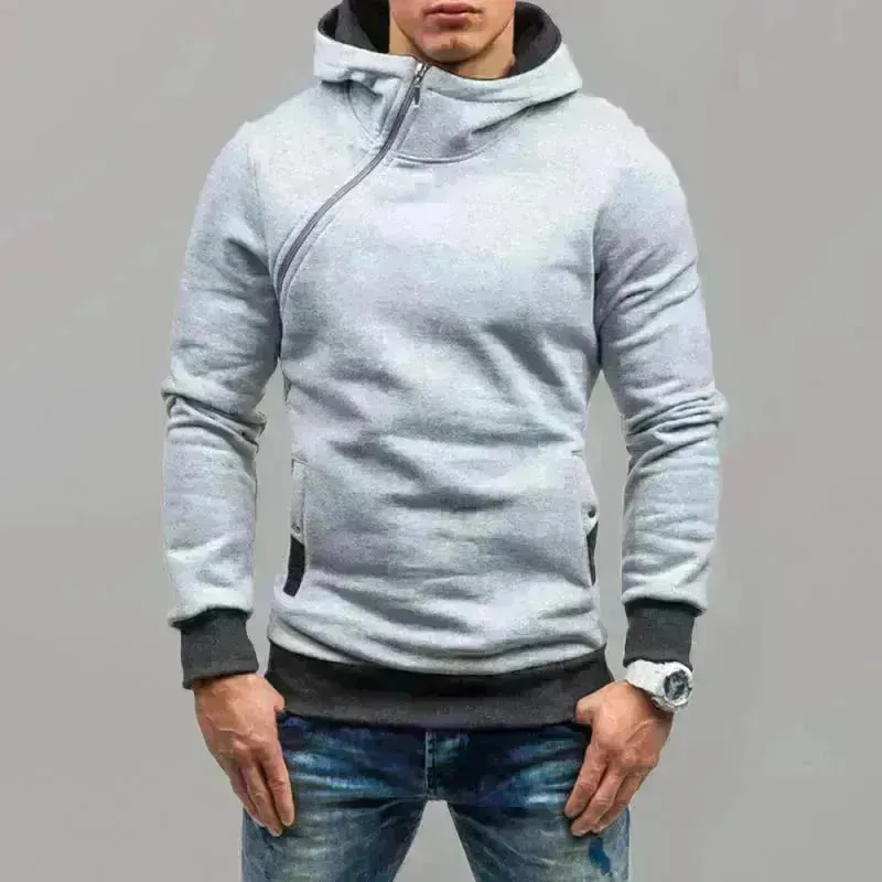 Men's Diagonal Zipper Long-Sleeved Hoodie