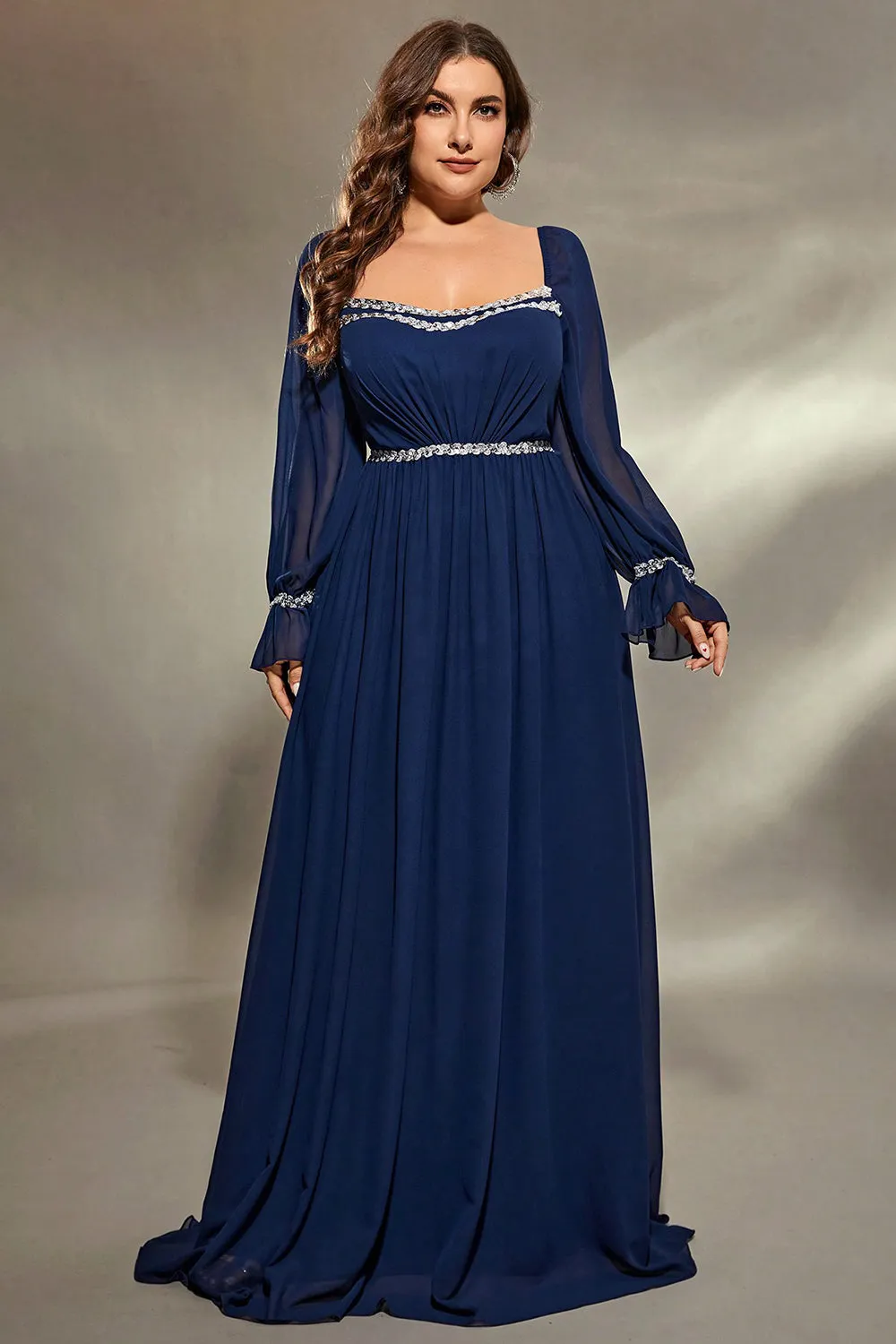 Navy Plus Size Flared Long Sleeves A Line Maxi Dress