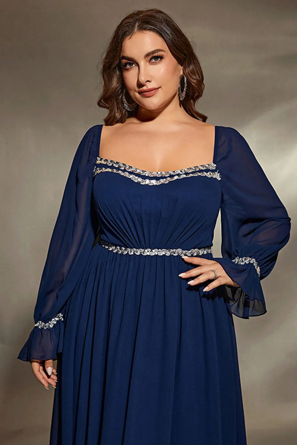 Navy Plus Size Flared Long Sleeves A Line Maxi Dress