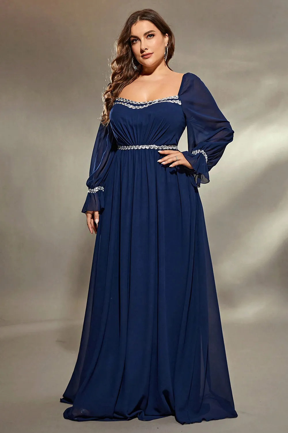 Navy Plus Size Flared Long Sleeves A Line Maxi Dress