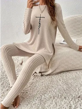 Neutral Ribbed Knit Leggings & Tunic Set - Stylish Loungewear