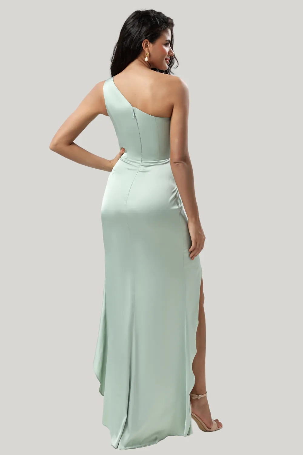 One Shoulder Matcha Slit Asymmetrical Dress with Ruffles