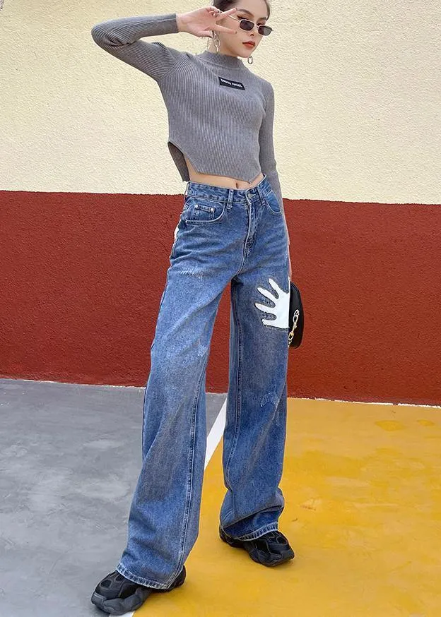 Organic Spring Wide Leg Pants Stylish Denim Blue Photography Hole High Waist Pants