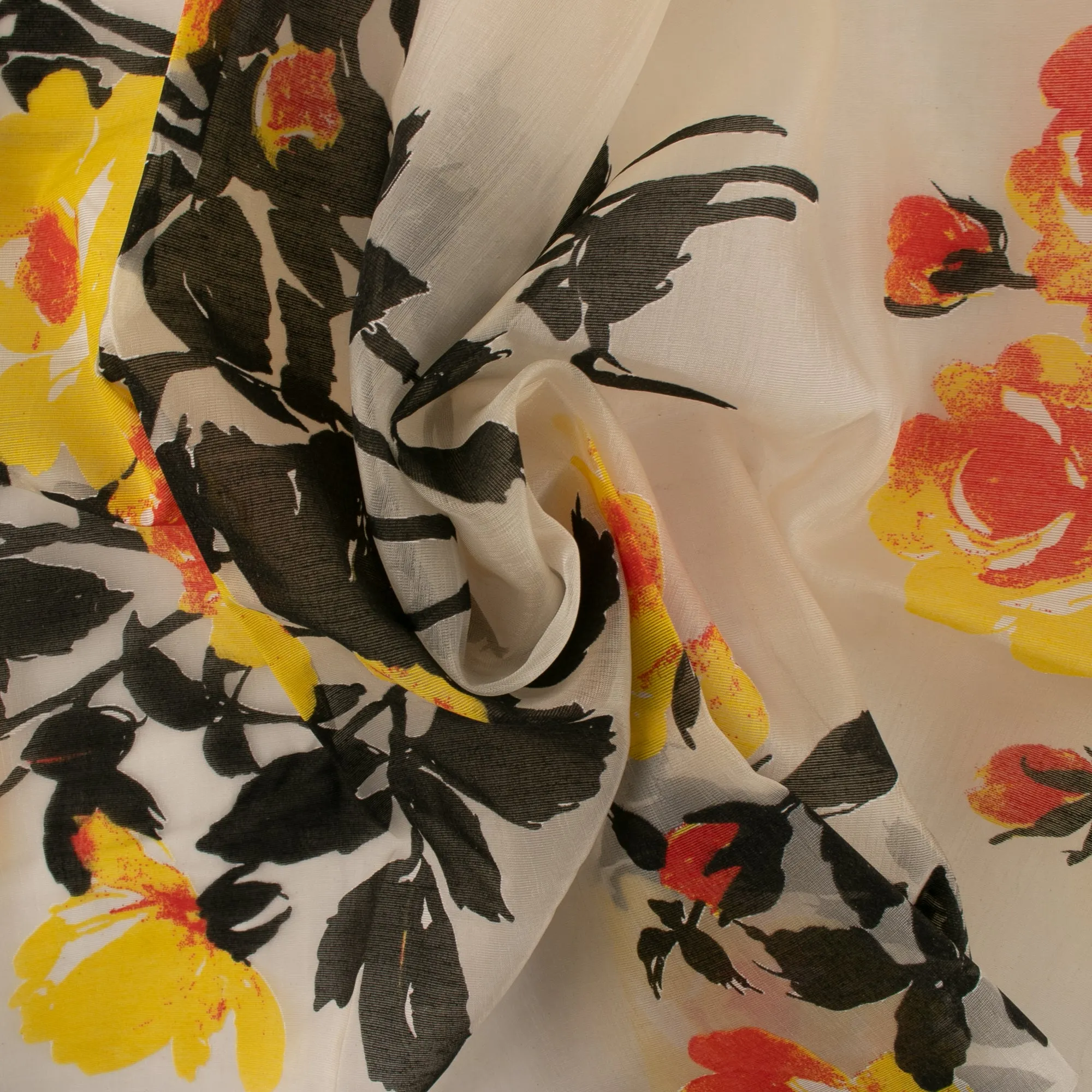 Printed Burnout Organza - Flowers - White / Yellow