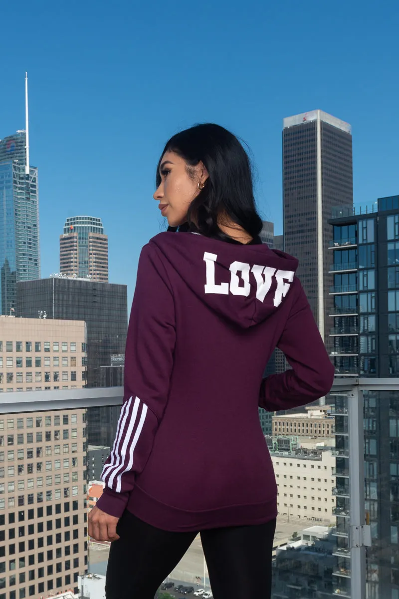 "LOVE" Soft Zip Front Hooded  Sweatshirt With White Contrast Stripes on Sleeves (J113)