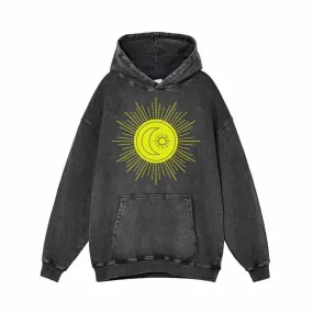 Shining Sun And Moon Pattern Vintage Washed Hoodie