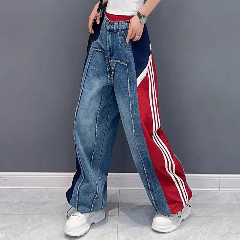 Street Color-Blocked Patchwork Jeans - Stylish Loose Fit