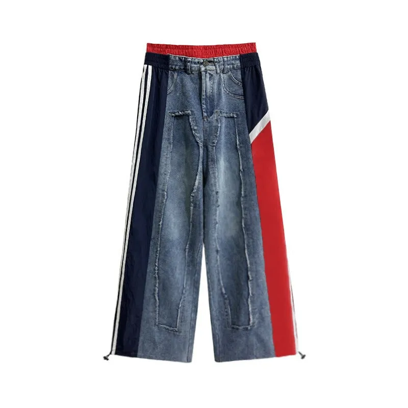 Street Color-Blocked Patchwork Jeans - Stylish Loose Fit