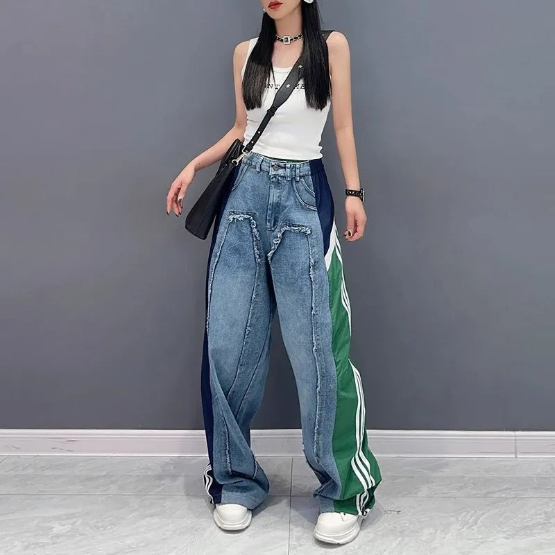 Street Color-Blocked Patchwork Jeans - Stylish Loose Fit