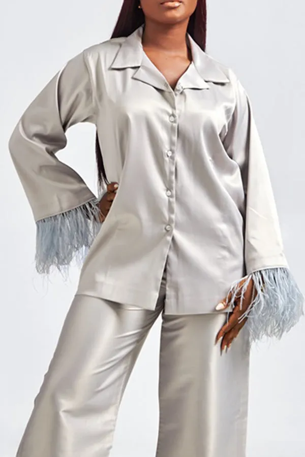 Stylish Fuzzy Trim Blouse & Pants Set