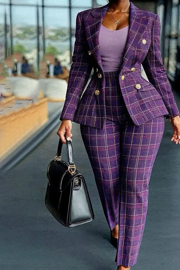 Stylish Plaid Lapel Collar Blazer & Pants Set