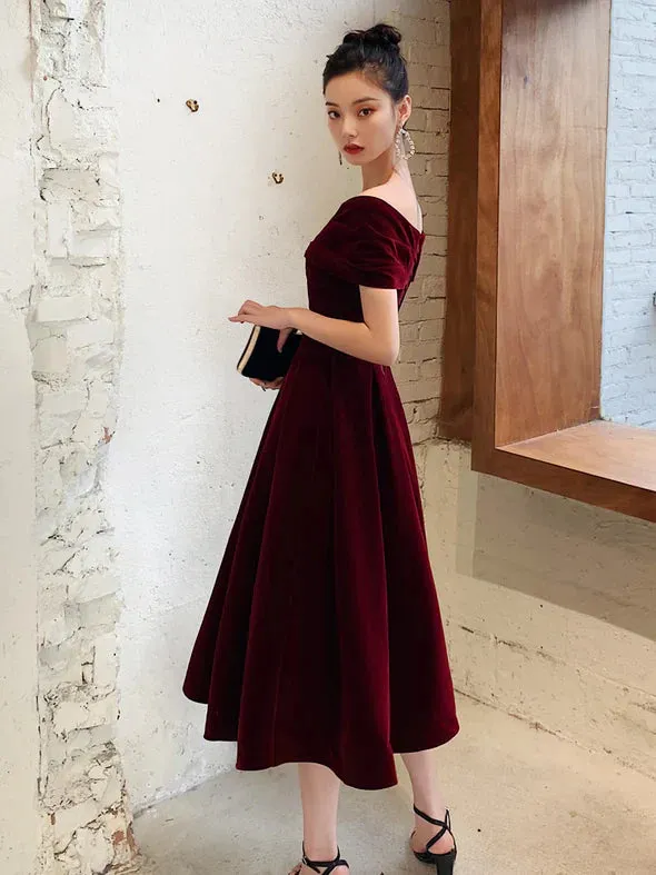 Wine Red Velvet Tea Length Chic Off Shoulder Party Dress, Burgundy Prom Dresses